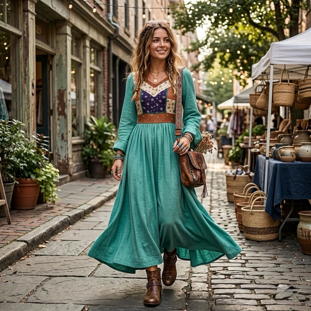 Vintage 70s Wendy Originals Seafoam Prairie Maxi Dress XS/S